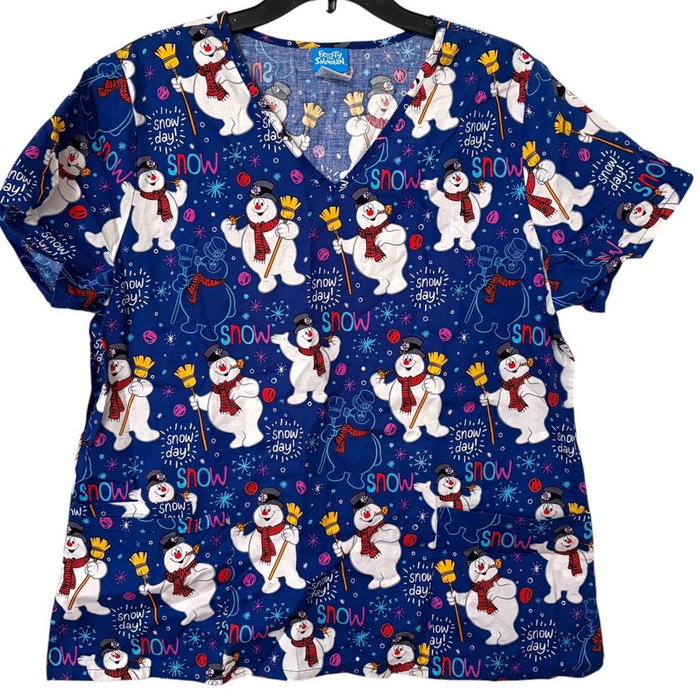 Frosty the Snowman Womens Large Scrub Top Blue Christmas Winter V-Neck Cotton